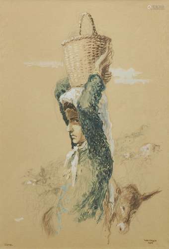 William Weintraub, American b.1926- Girl with basket on her head, Israel, 1958; watercolour, signed,