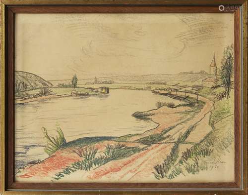 Fried Stern, German 1875-1942- River landscape with a church, c.1930s; black and coloured crayon