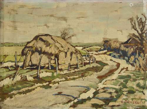 Arthur Baker-Clack, Australian 1877-1955- Haystacks by a country lane (recto), Trees by a