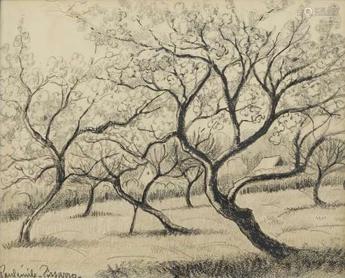 Paulemile Pissarro, French 1884-1972- Arbres dans un Champ (Trees in a field); charcoal, signed,