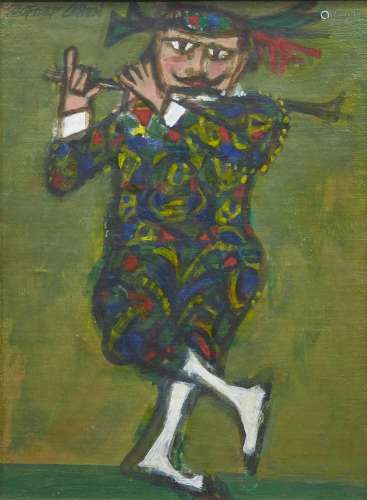 Alfred Cohen, American 1920-2001- 'Zanni (clown) with Flute', 1984; oil on canvas, signed, 30 x 23cm