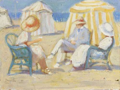 Marie Lefevre, French 1840-?- Trois personnages sur la plage de Deauville (Three Figures on