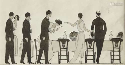 Andre Edouard Marty, French 1882-1974- 'Le Diner' (the Dinner); pen, black ink and wash, signed,