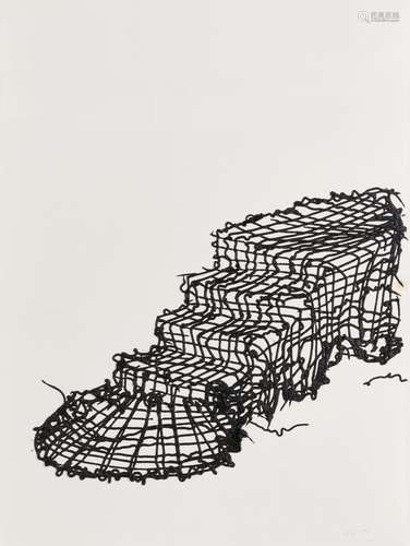 Angel Otero, Puerto Rican b.1981 'Macrame Stairs', 2009; mixed media and tar on paper, signed with