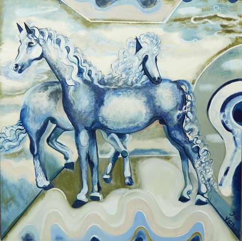 Vilmo Gibello, Italian 1916-2013- 'Blue Horses, Rome, The Circus Ring' 1954; oil on canvas, signed