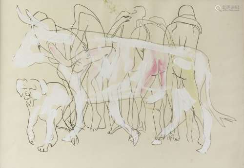 Nino Longobardi, Italian b.1953- Figures with bull; pencil, acrylic and gouache, 50 x 72cm (ARR)