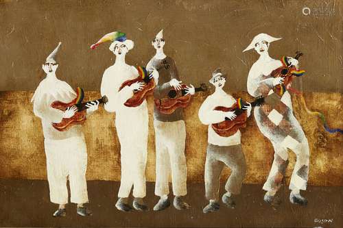 Harry Bilson, Icelandic b. 1948- Circus Musicians; oil on board, signed, 30 x 45cm Note: The