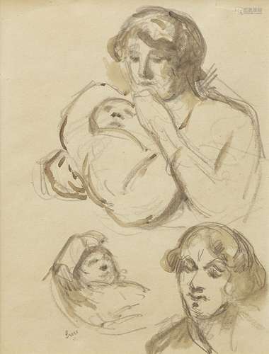 Maximilien Luce, French 1858-1941- Mother and Child; pencil and wash on coloured paper, signed