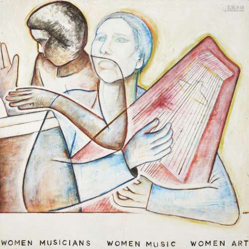 Monica Sjoo, Swedish 1938-2005- 'Women Musicians, Women Music, Women Art, '1976; oil on board,