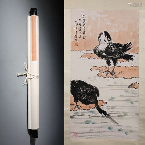 A Fine Chinese Hand-painted Scroll Depicting Twin Ducks Along the River Signed By Xu Beihong