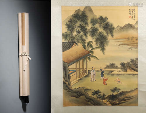 A Fine Chinese Hand-painted Scroll of Landscape By He Tianjian