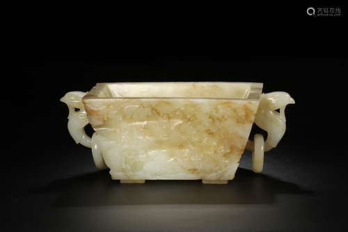 A HETIAN JADE CENSER WITH DOUBLE PHOENIX HANDLES