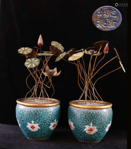 A  PAIR OF CLOISONNE LOTUS ORNAMENT