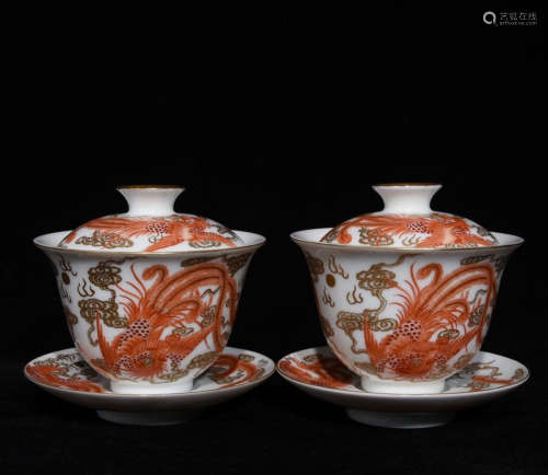 PAIR OF YONGZHENG MARK ALUM RED CUPS WITH COVERS&PHEONIX PAINTING