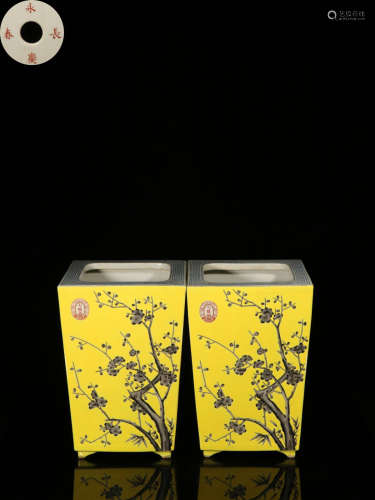 PAIR OF PORCELIAN SQUARE VASES WITH FLORAL PAINTING&MARKING