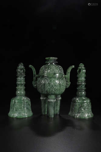 A SET OF HETIAN GREEN JADE CENSER&RATTLES