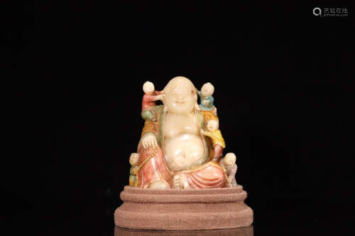 A SCENE OF CHINESE IMMORTALS BUDDHA SOAPSTONE STATUE