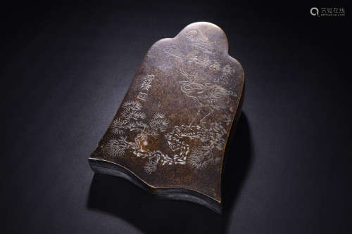 A BELL SHAPED INK SLAB CARVED IN BIRDS & TREE