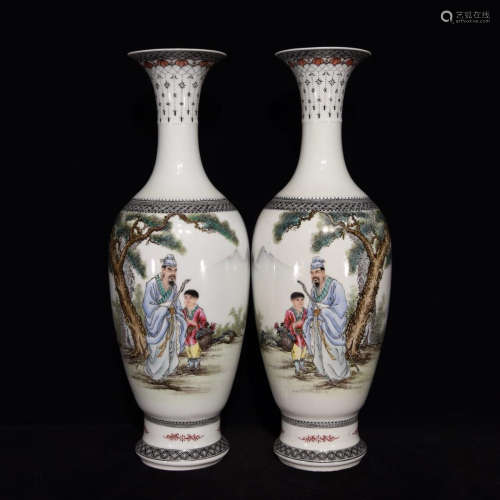 PAIR OF FAMILLE ROSE VASES WITH STORY PAINTING