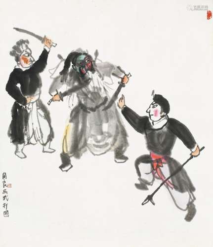 关 良（1900-1986）武打图 纸本 彩墨