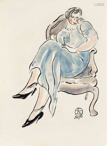 常 玉（1900-1966）坐姿女像 纸本 水彩