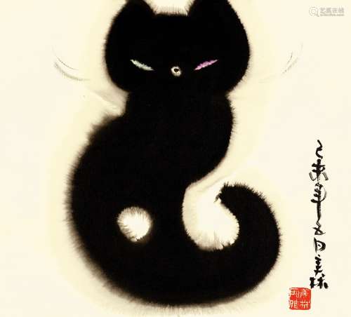 韩美林（b.1936） 黑猫 设色纸本 镜片