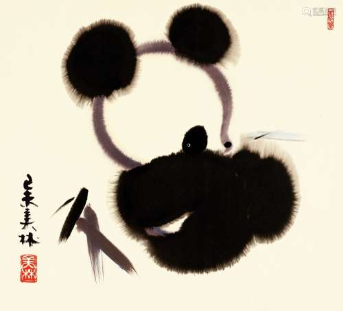 韩美林（b.1936） 熊猫 设色纸本 镜片