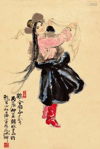 韩 敏（b.1929） 舞蹈少女 设色纸本 镜片