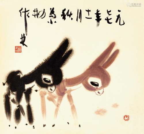韩美林（b.1936） 双鹿 设色纸本 画心