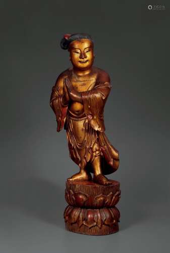 清·木胎童子立像 QING DYNASTY A WOOD FIGURE OF A BOY