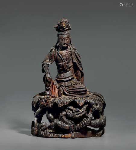 明早·木胎水月观音坐像 EARLY MING DYNASTY A WOOD FIGURE OF AVALOKITESVARA