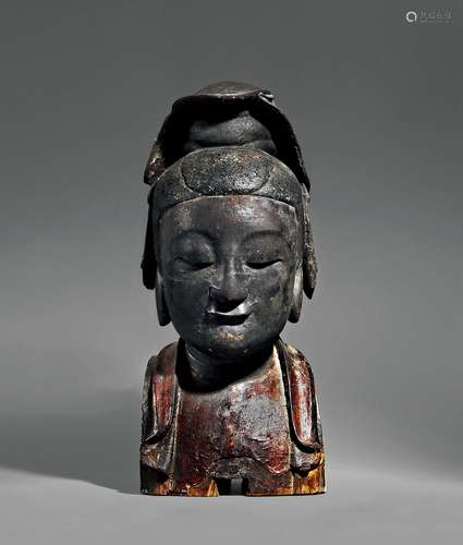 明·木胎观音头像 MING DYNASTY A WOOD TOP OF AVALOKITESVARA