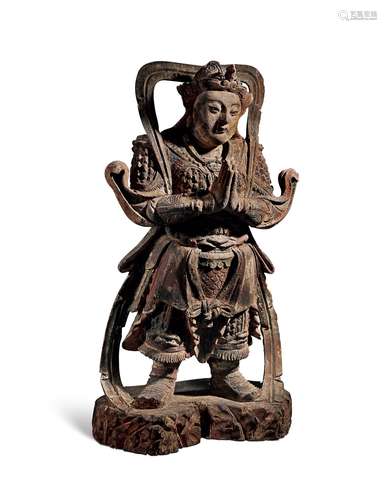 明·木胎漆彩韦陀立像 MING DYNASTY A POLYCHROME LACQUERED WOOD FIGURE OF SKANDA