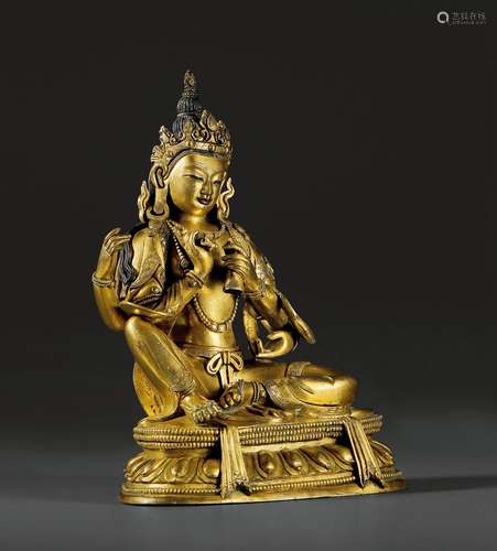 清·铜鎏金帝释天坐像 QING DYNASTY A GILT-BRONZE FIGURE OF INDRA