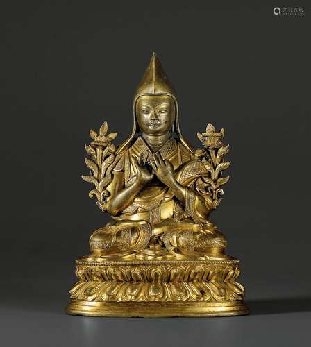 清·铜鎏金宗喀巴坐像 QING DYNASTY A GILT-BRONZE FIGURE OF TSONGKHAPA