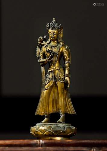 18世纪·铜鎏金莲花手观音立像（蒙古） 18TH CENTURY A GILT-BRONZE FIGURE OF AVALOKITESVARA