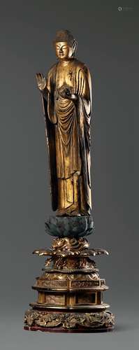 江户时期·木胎漆金释迦立像 18TH CENTURY A GILT-LACQUERED WOOD FIGURE OF SAKYAMUNI