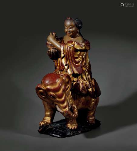 清·木胎和合二仙 QING DYNASTY A WOOD CARVING GROUP OF IMMORTAL AND ELEPHANT