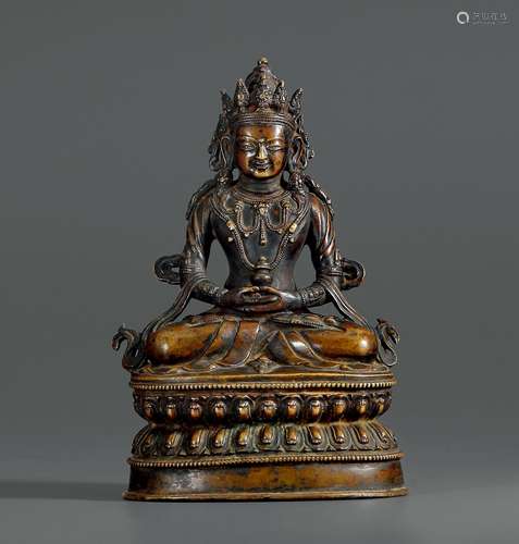 15世纪·嵌银眼木斯塘风格无量寿佛 15TH CENTURY A MUSTANG-STYLE FIGURE OF AMITABHA WITH SILVER EYES