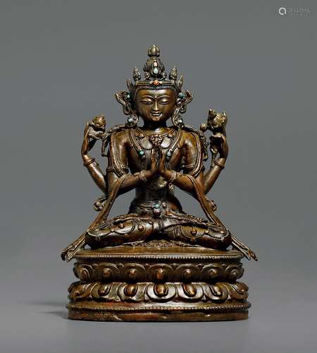 14世纪·合金铜四臂观音坐像 14TH CENTURY A BRONZE FIGURE OF FOUR-ARM AVALOKITESVARA