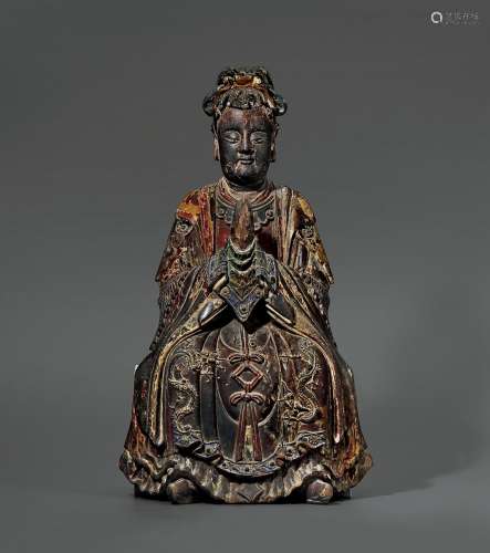 明·木胎西王母坐像 MING DYNASTY A WOOD FIGURE OF QUEEN MOTHER OF THE WEST