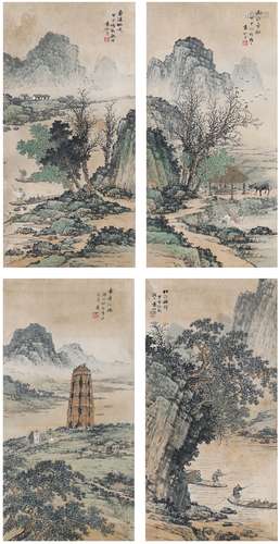 袁松年（1895～1966） 山水四屏 设色纸本 镜片（四帧）