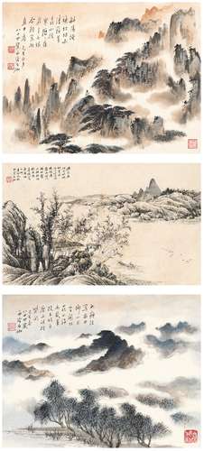 申石伽（1906～2001） 山水三帧 设色纸本·水墨纸本 镜片（三帧）