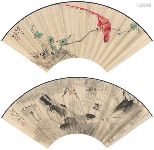江寒汀（1904～1963） 荷花小鸟图·梅花绶带图 设色纸本 扇面