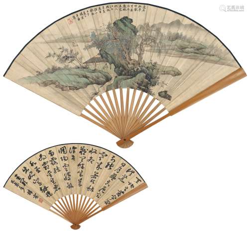 楼辛壶（1880～1950） 青山孤亭图·书法 设色纸本 成扇