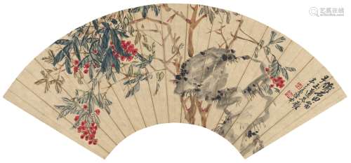 陈半丁（1877～1970） 天珠秀石图 设色纸本 扇页