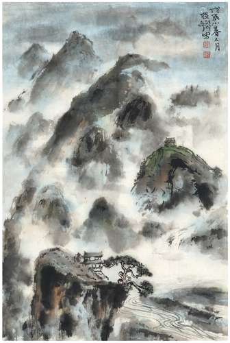 程十髪（1921～2007） 崇山楼阁图 设色纸本 画心