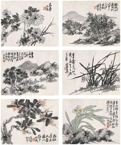 蒲 华（1832～1911） 小景六帧 设色纸本·水墨纸本 画心（六帧）