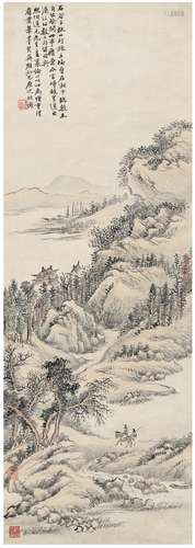 陆 恢（1851～1920） 秋山行旅图 设色纸本 立轴