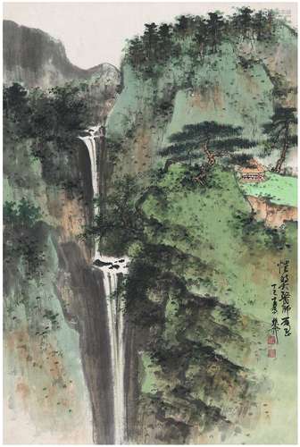 谢稚柳（1910～1997） 青山飞瀑图 设色纸本 镜片